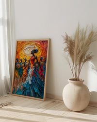Zulu Dance Wall Decor, Serengeti Village Print - Thick Oil Painting Style
