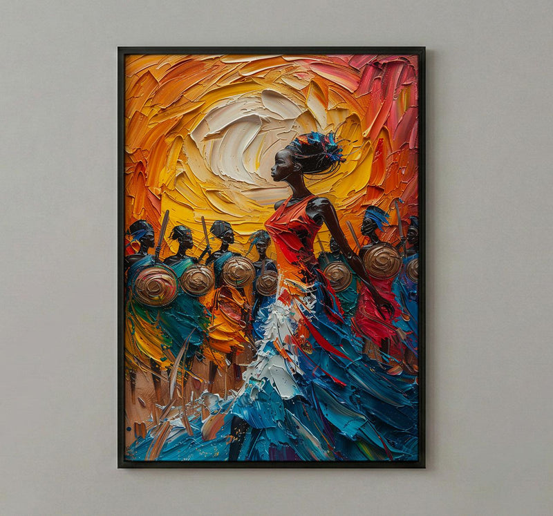 Zulu Dance Wall Decor, Serengeti Village Print - Thick Oil Painting Style