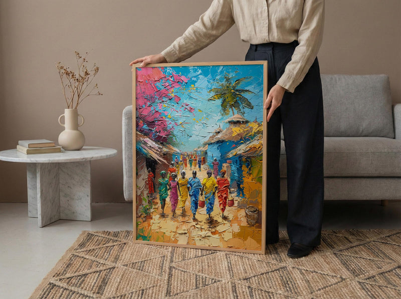 African Village Art, Traditional Wedding Print - Thick Oil Painting Style