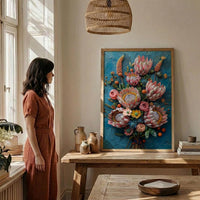 African Bridal Bouquet Poster, Protea Flower - Thick Oil Painting Style