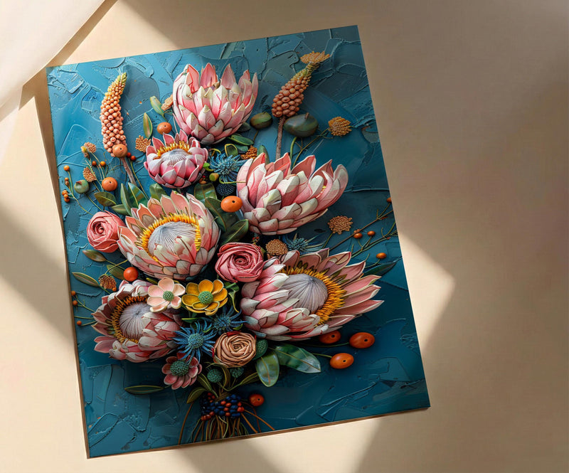 African Bridal Bouquet Poster, Protea Flower - Thick Oil Painting Style