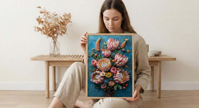 African Bridal Bouquet Poster, Protea Flower - Thick Oil Painting Style