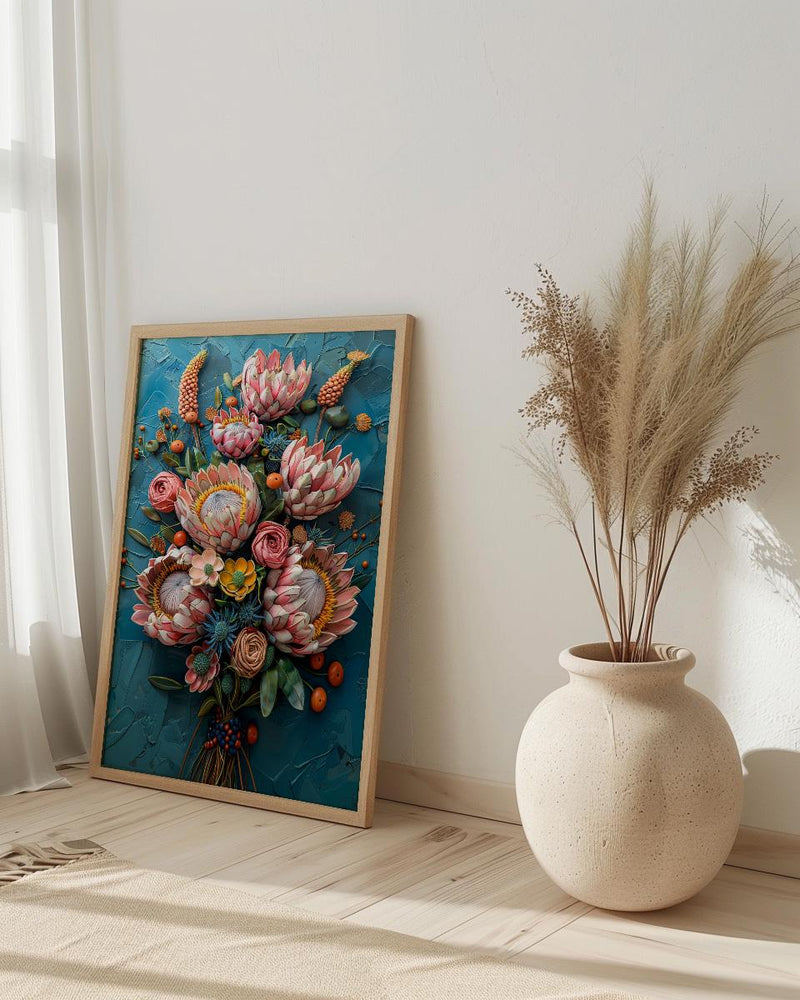 African Bridal Bouquet Poster, Protea Flower - Thick Oil Painting Style
