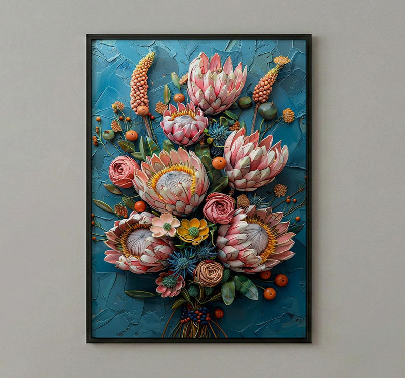 African Bridal Bouquet Poster, Protea Flower - Thick Oil Painting Style