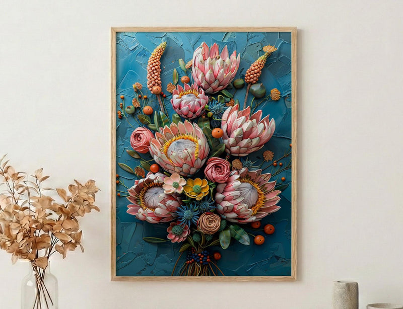 African Bridal Bouquet Poster, Protea Flower - Thick Oil Painting Style