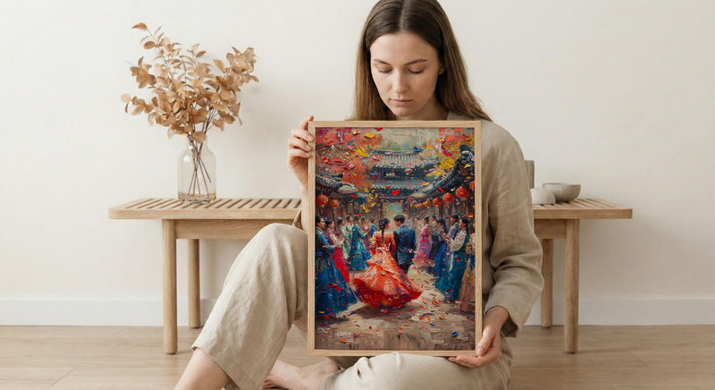 Korean Wedding Celebration Art, Hanok Village Decor - Anniversary Gift