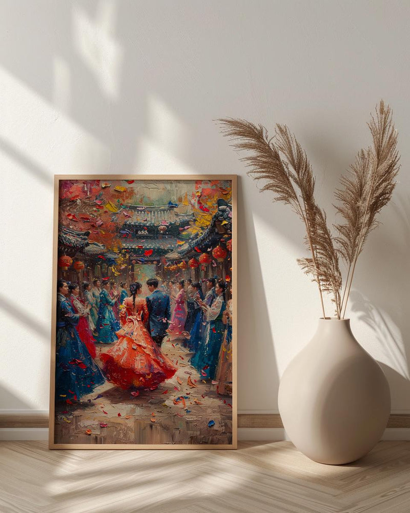 Korean Wedding Celebration Art, Hanok Village Decor - Anniversary Gift