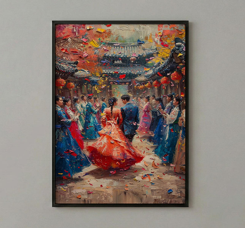 Korean Wedding Celebration Art, Hanok Village Decor - Anniversary Gift