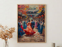 Korean Wedding Celebration Art, Hanok Village Decor - Anniversary Gift