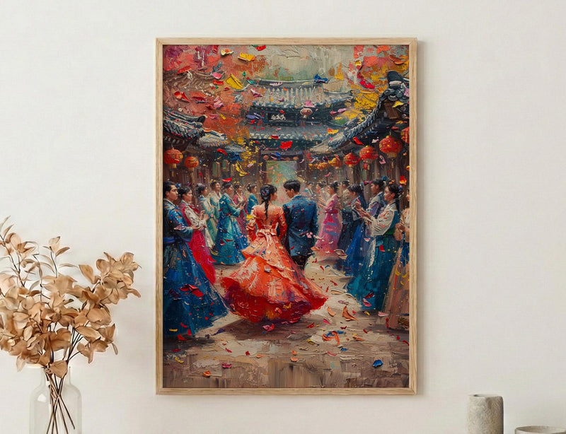 Korean Wedding Celebration Art, Hanok Village Decor - Anniversary Gift
