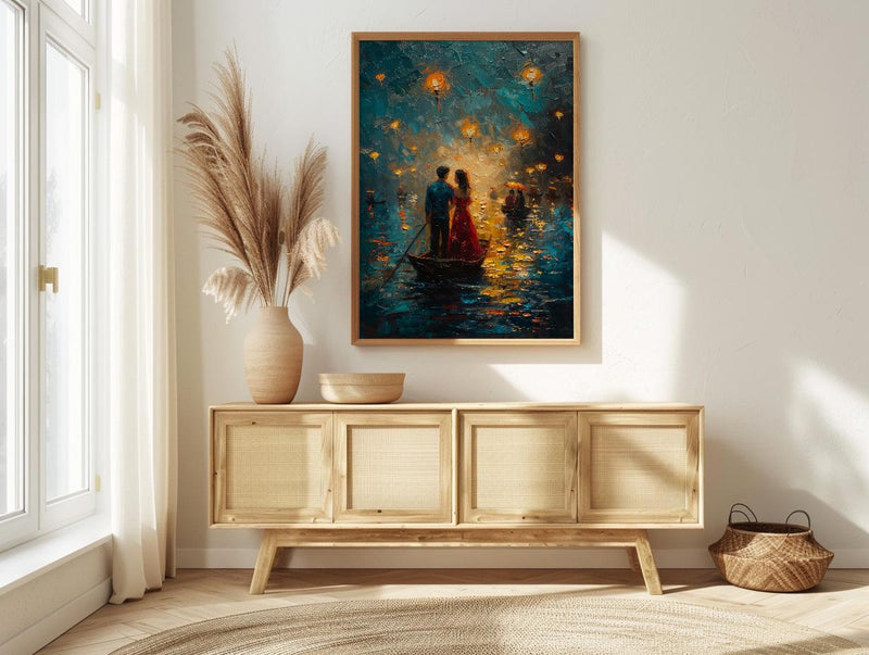 Vietnam Boat Procession Art, Romantic River Decor - Thick Oil Painting Style