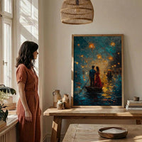 Vietnam Boat Procession Art, Romantic River Decor - Thick Oil Painting Style