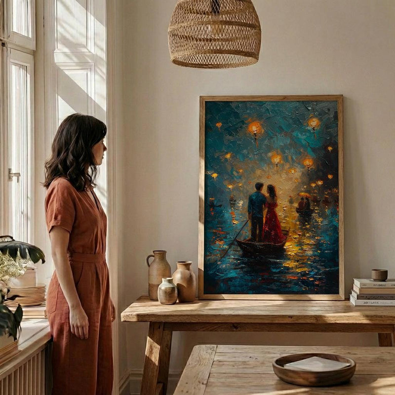 Vietnam Boat Procession Art, Romantic River Decor - Thick Oil Painting Style