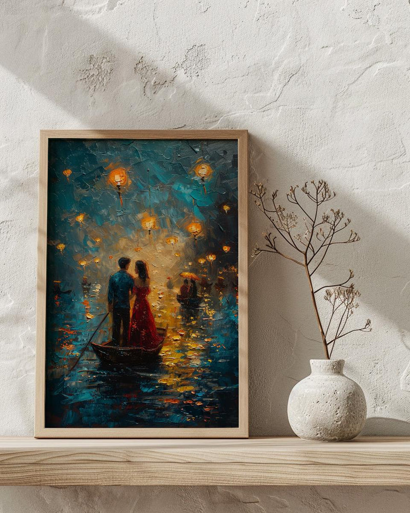 Vietnam Boat Procession Art, Romantic River Decor - Thick Oil Painting Style