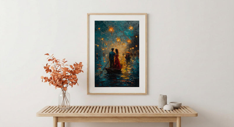 Vietnam Boat Procession Art, Romantic River Decor - Thick Oil Painting Style