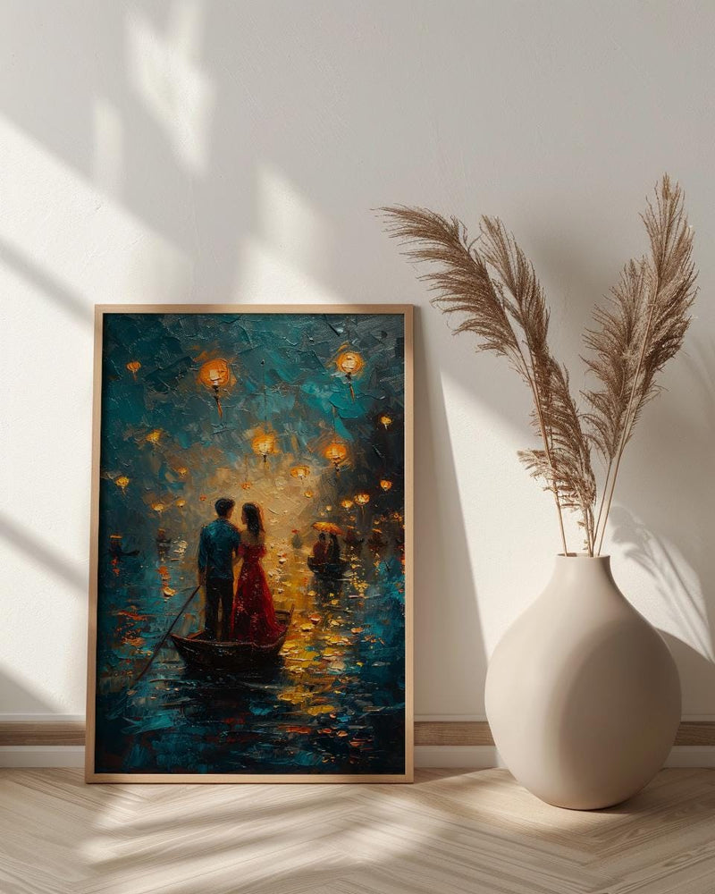 Vietnam Boat Procession Art, Romantic River Decor - Thick Oil Painting Style