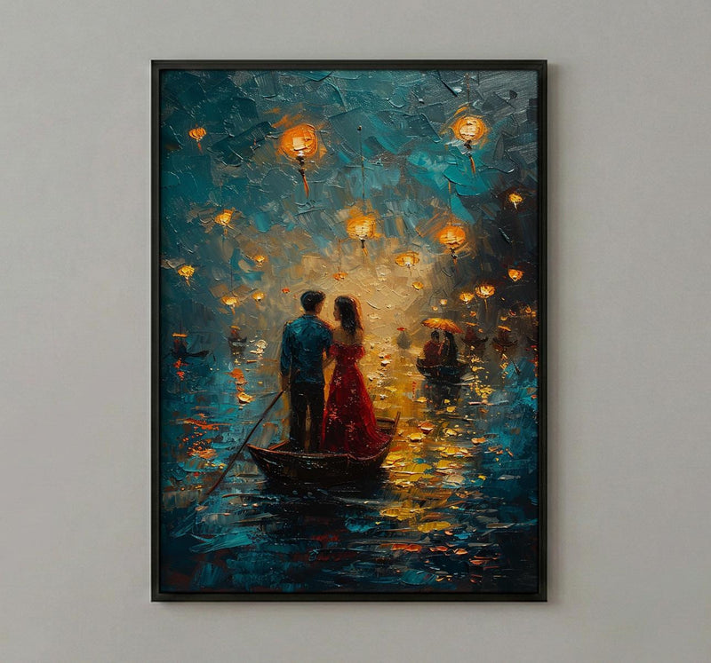 Vietnam Boat Procession Art, Romantic River Decor - Thick Oil Painting Style