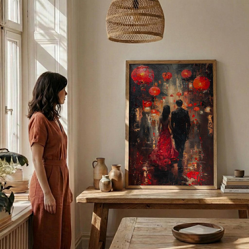 Chinese Lanterns Wall Decor, Red Silk Dress Art - Thick Oil Painting Style