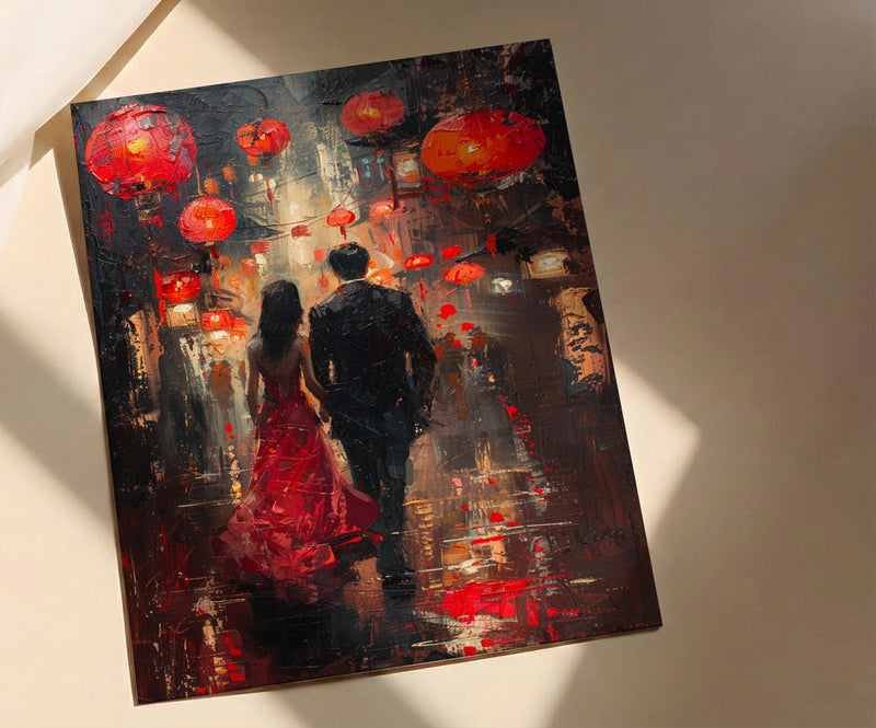 Chinese Lanterns Wall Decor, Red Silk Dress Art - Thick Oil Painting Style