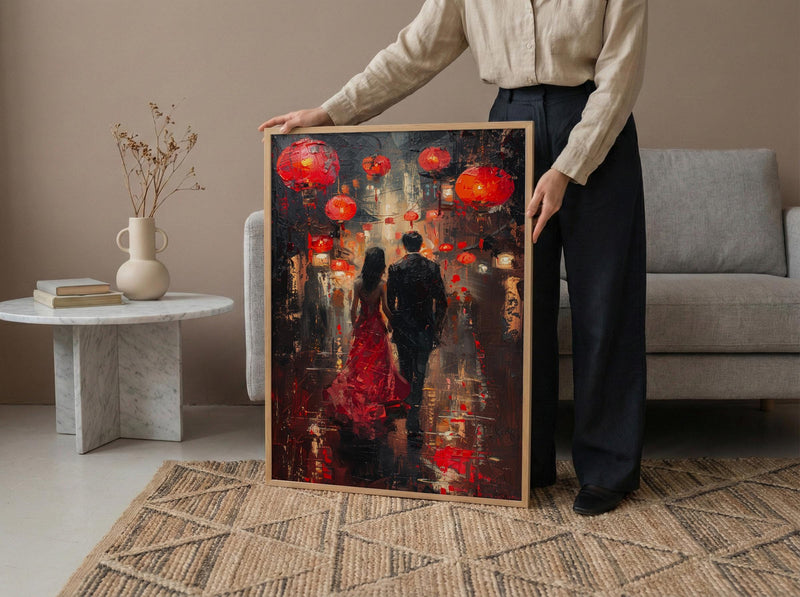 Chinese Lanterns Wall Decor, Red Silk Dress Art - Thick Oil Painting Style
