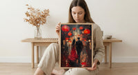Chinese Lanterns Wall Decor, Red Silk Dress Art - Thick Oil Painting Style