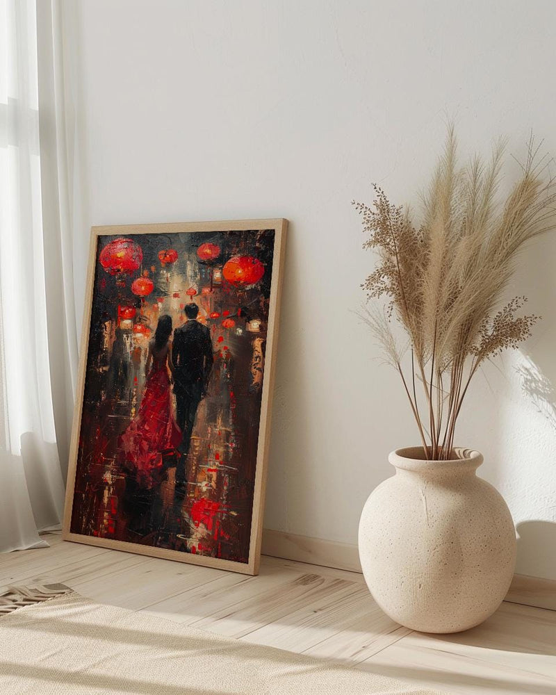 Chinese Lanterns Wall Decor, Red Silk Dress Art - Thick Oil Painting Style