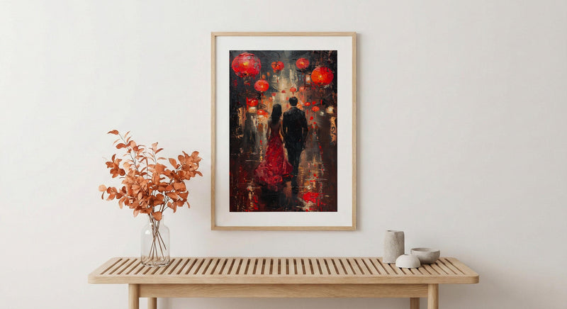 Chinese Lanterns Wall Decor, Red Silk Dress Art - Thick Oil Painting Style