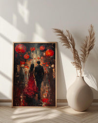 Chinese Lanterns Wall Decor, Red Silk Dress Art - Thick Oil Painting Style