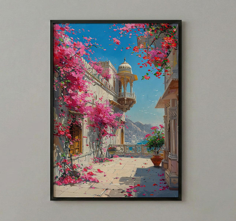 Rajasthan Palace Art Print, Pink Bougainvillea Decor - Housewarming Gift