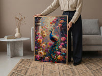 Indian Peacock Spring Poster, Exotic Bird Floral Art Print - Entryway Decor