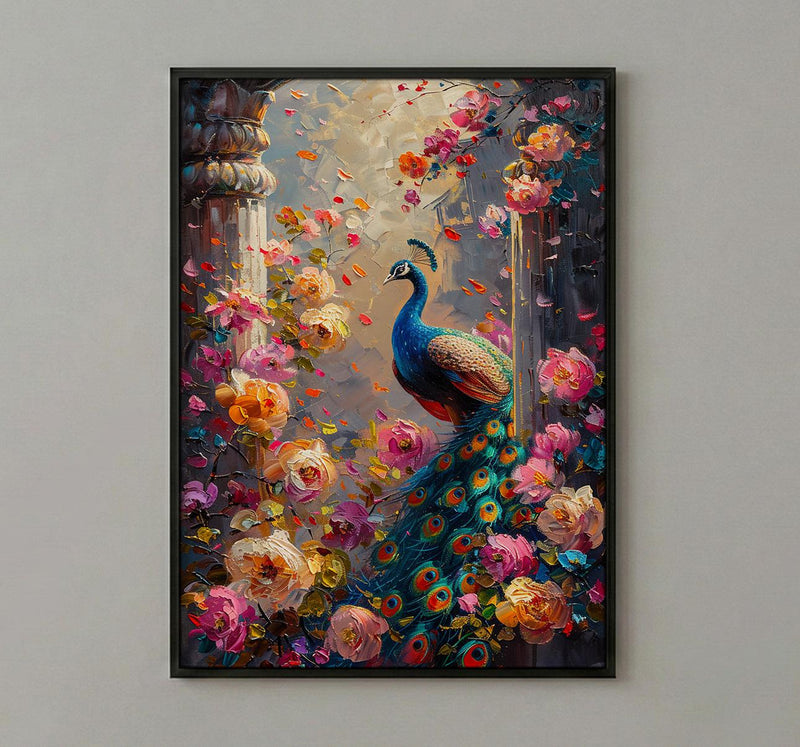 Indian Peacock Spring Poster, Exotic Bird Floral Art Print - Entryway Decor