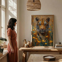 Bengal Tiger Art Print, Yellow Mustard Spring Field - Housewarming Gift