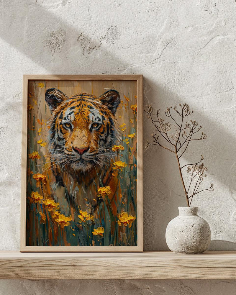 Bengal Tiger Art Print, Yellow Mustard Spring Field - Housewarming Gift