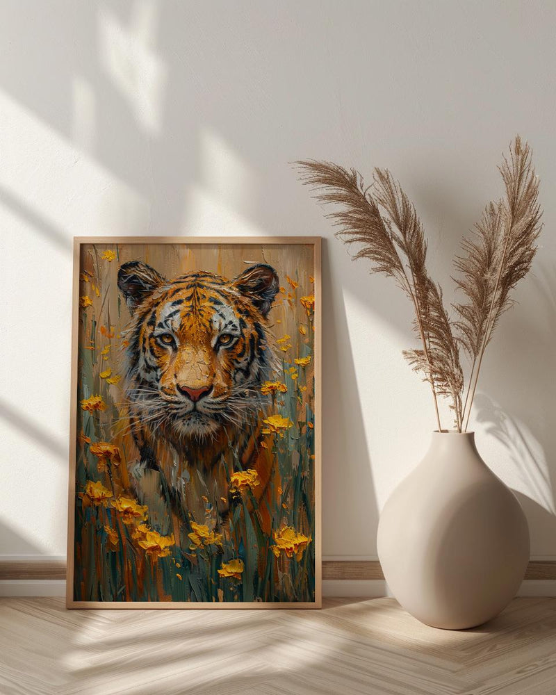 Bengal Tiger Art Print, Yellow Mustard Spring Field - Housewarming Gift