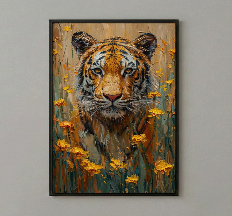 Bengal Tiger Art Print, Yellow Mustard Spring Field - Housewarming Gift