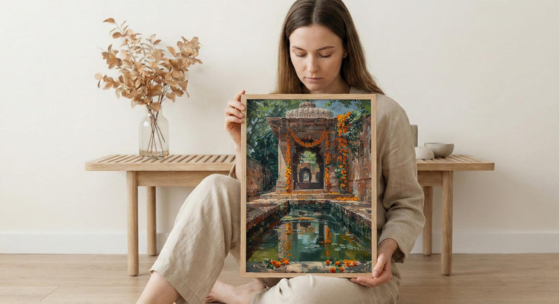 Indian Stepwell Wall Art, Marigold Spring Architecture - Thick Oil Painting Style