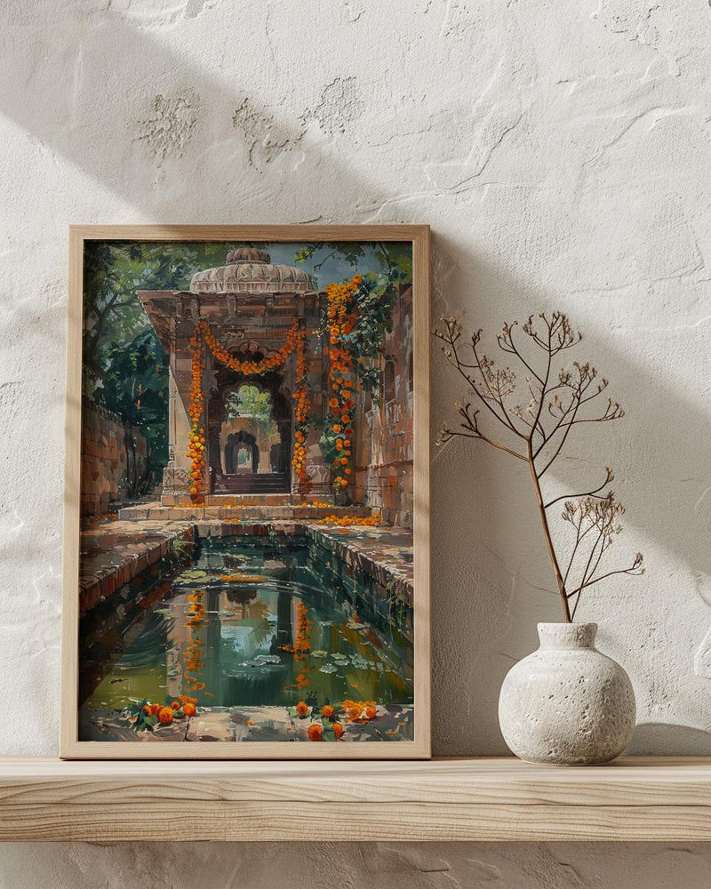Indian Stepwell Wall Art, Marigold Spring Architecture - Thick Oil Painting Style
