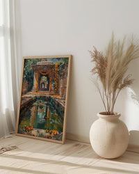 Indian Stepwell Wall Art, Marigold Spring Architecture - Thick Oil Painting Style