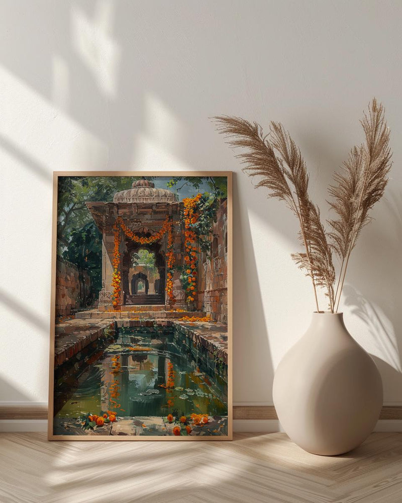 Indian Stepwell Wall Art, Marigold Spring Architecture - Thick Oil Painting Style