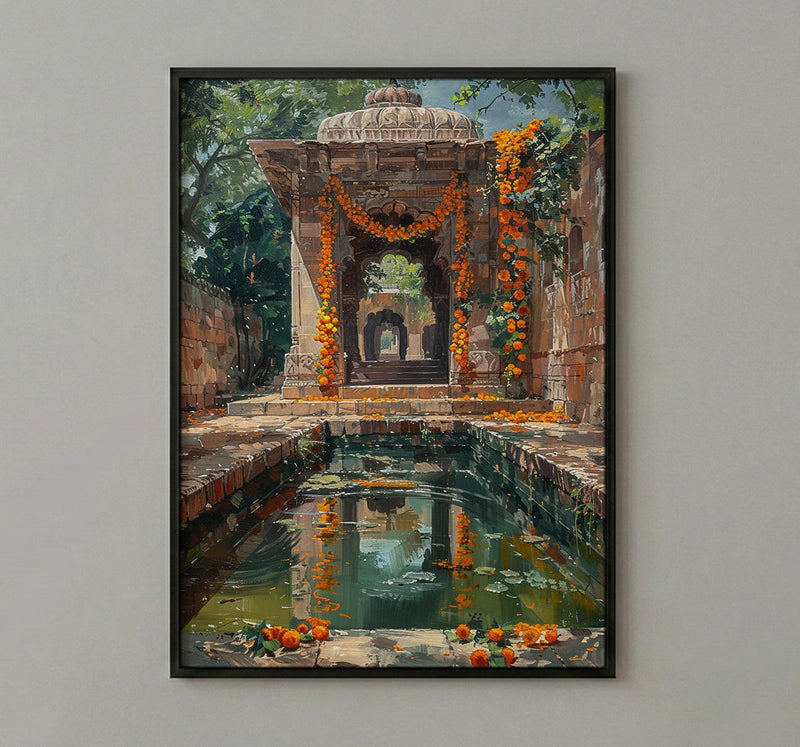 Indian Stepwell Wall Art, Marigold Spring Architecture - Thick Oil Painting Style