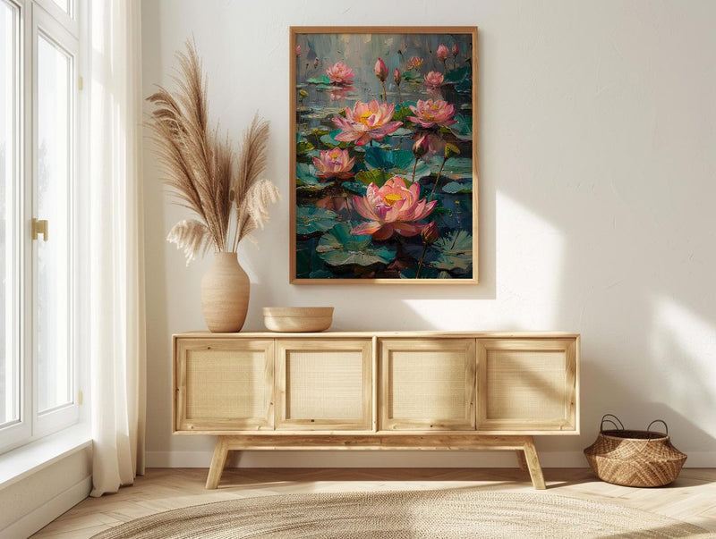 Sacred Lotus Pond Wall Art, Pink Spring Yoga Decor - Palette Knife Painting Style