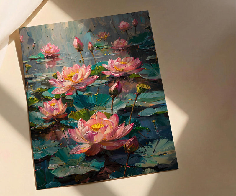 Sacred Lotus Pond Wall Art, Pink Spring Yoga Decor - Palette Knife Painting Style