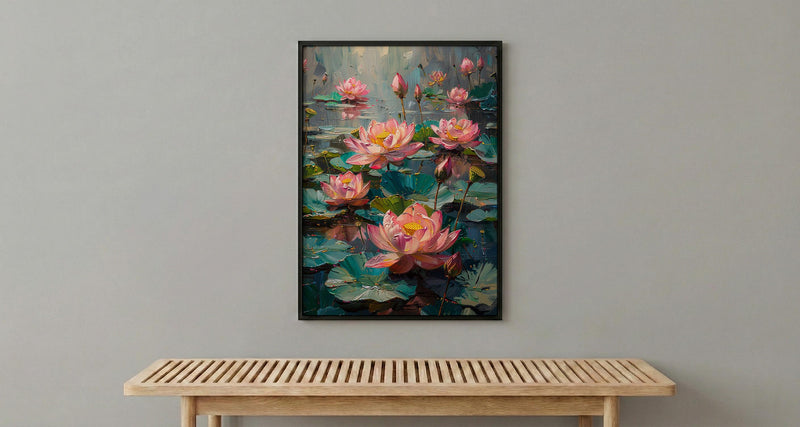 Sacred Lotus Pond Wall Art, Pink Spring Yoga Decor - Palette Knife Painting Style
