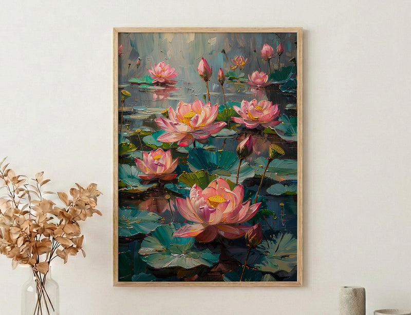 Sacred Lotus Pond Wall Art, Pink Spring Yoga Decor - Palette Knife Painting Style
