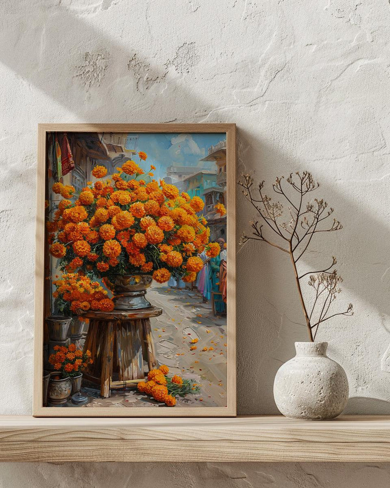 Jaipur Flower Market Art Print, Orange Marigold Wall Decor - Housewarming Gift