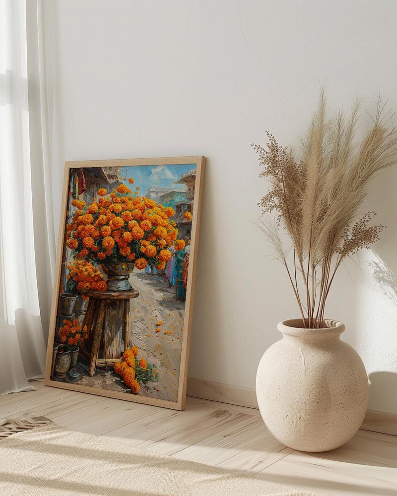 Jaipur Flower Market Art Print, Orange Marigold Wall Decor - Housewarming Gift