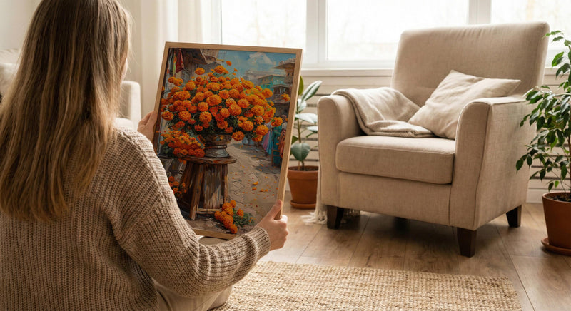 Jaipur Flower Market Art Print, Orange Marigold Wall Decor - Housewarming Gift