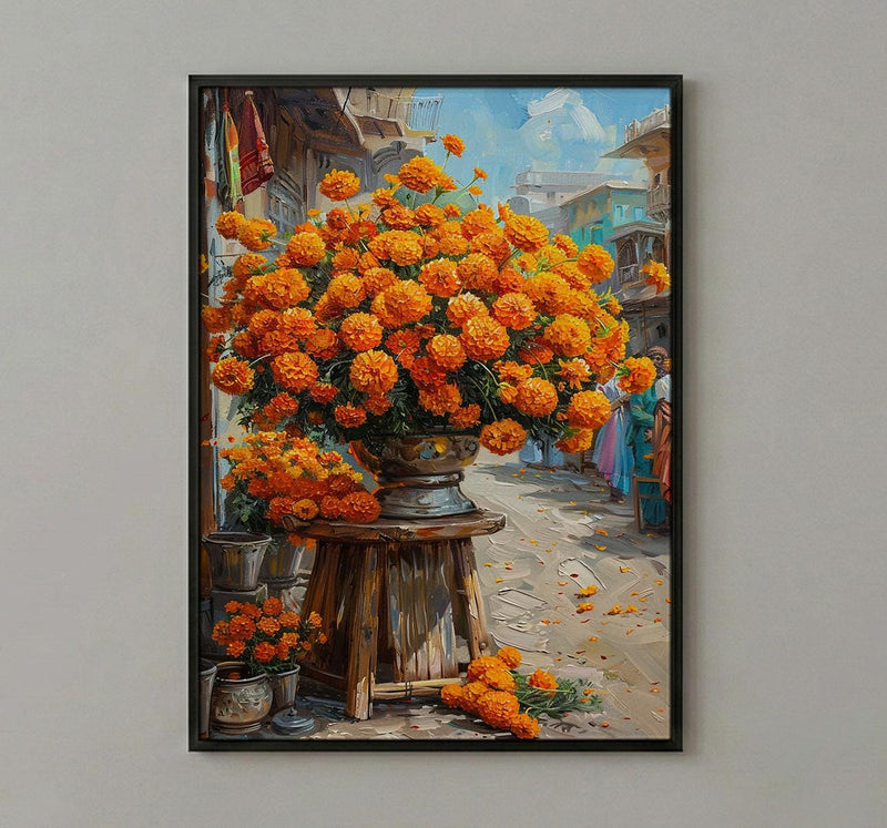 Jaipur Flower Market Art Print, Orange Marigold Wall Decor - Housewarming Gift