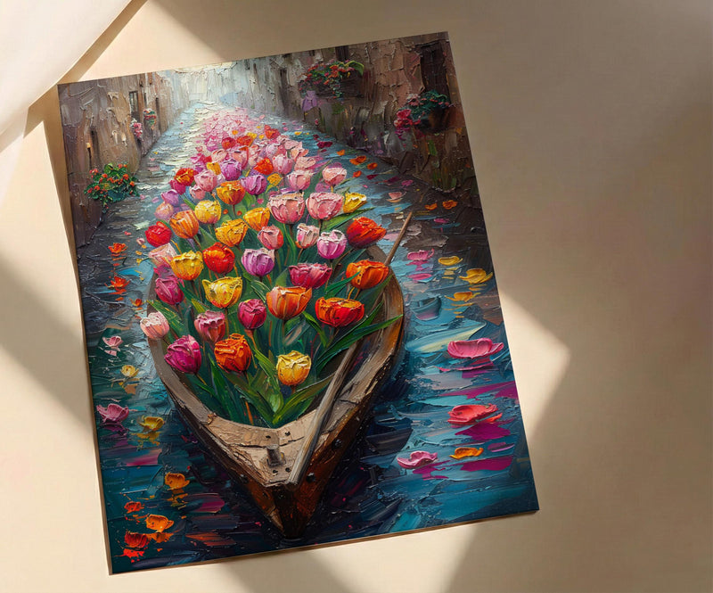 Kashmir Dal Lake Shikara Poster, Spring Tulip Decor - Housewarming Gift