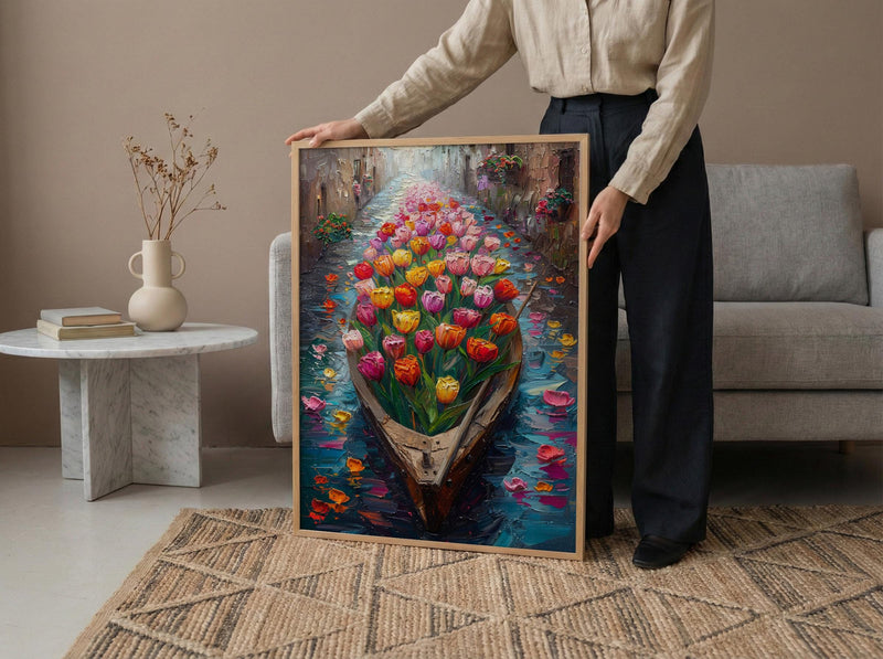 Kashmir Dal Lake Shikara Poster, Spring Tulip Decor - Housewarming Gift